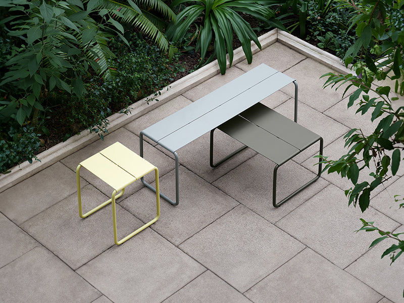 The bench, ottoman and stool for the Sine outdoor furniture range.