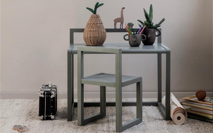 The Little Architect Chair placed with the Little Architect Desk. Both products design by Ferm Living.