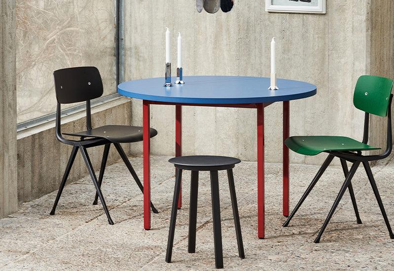  The 105 round two-Colour Table by Muller Van Severen for Hay in maroon red frame and blue tabletop. 