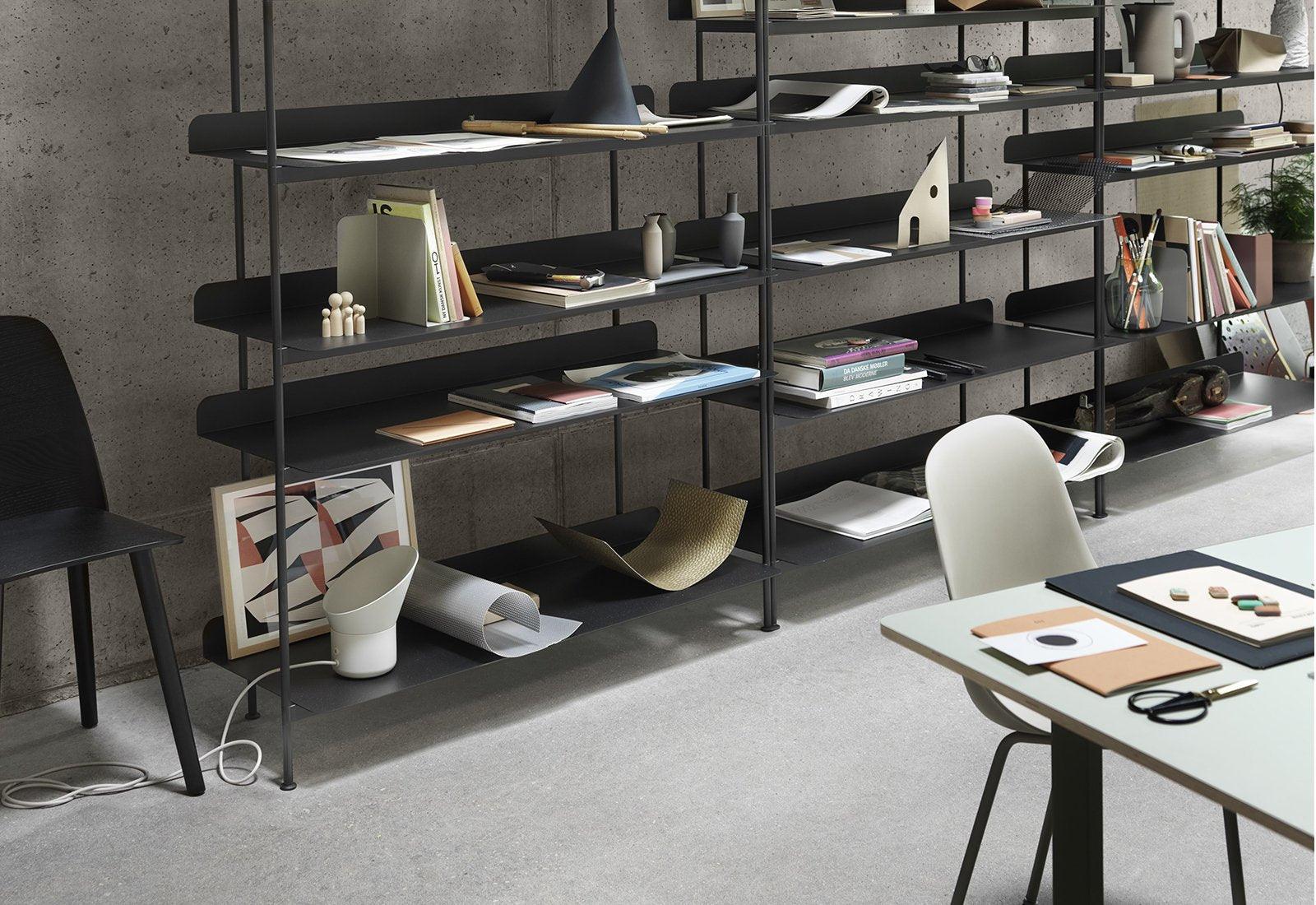 The Compile shelving system by Cecilie Manz for Muuto in black.