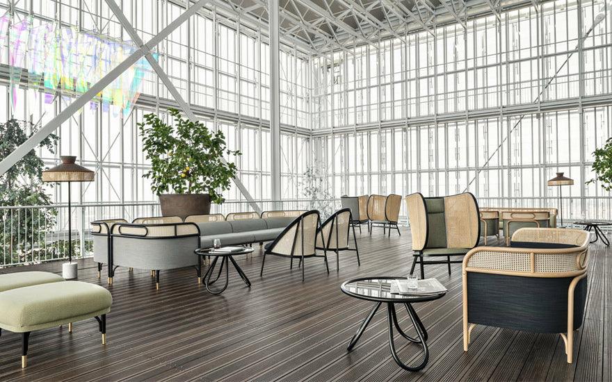 gtv arch coffee table in black stained used in a lobby
