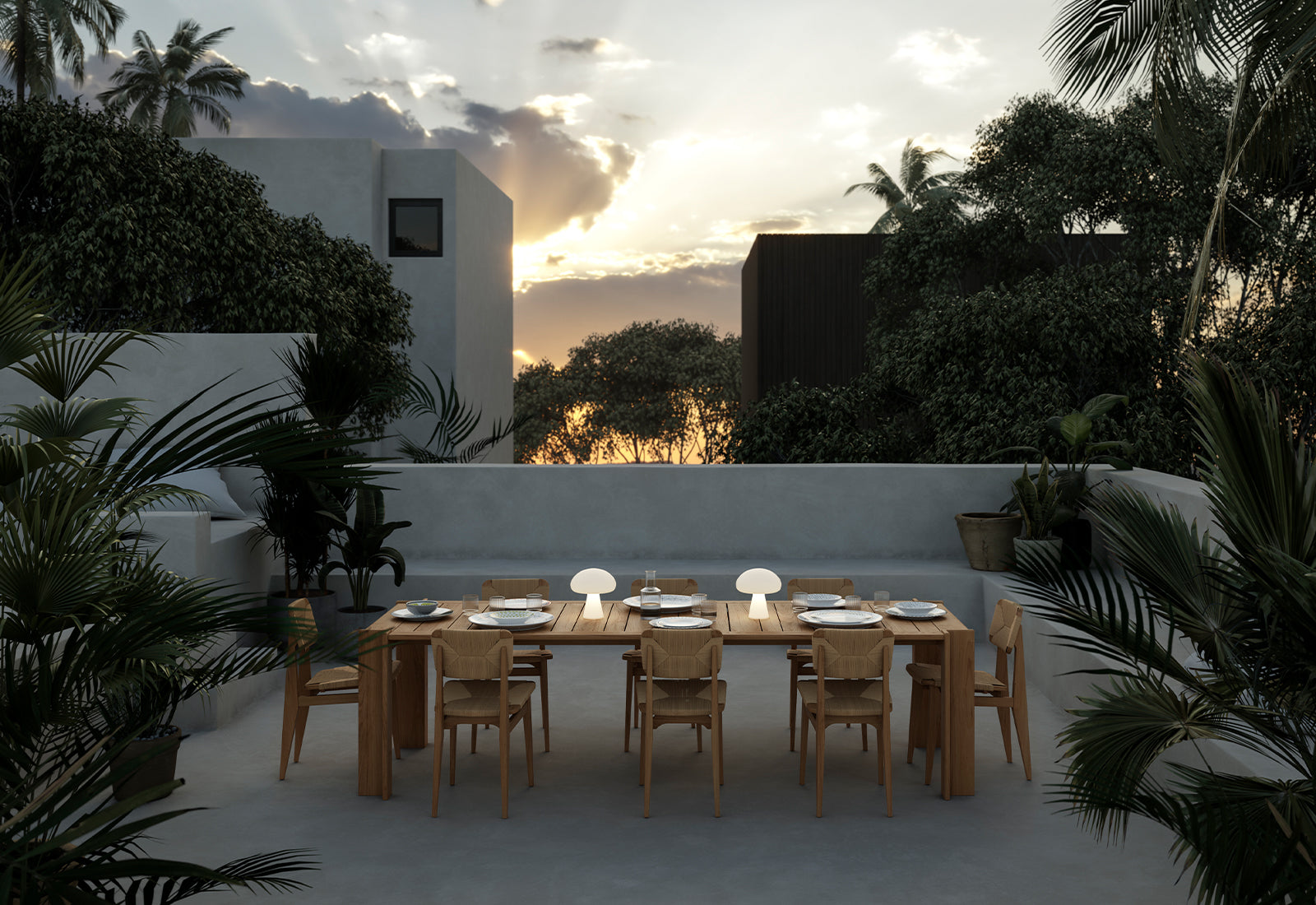 Atmosphere table with C-Chair Outdoor chair by Marcel Gascoin for Gubi.