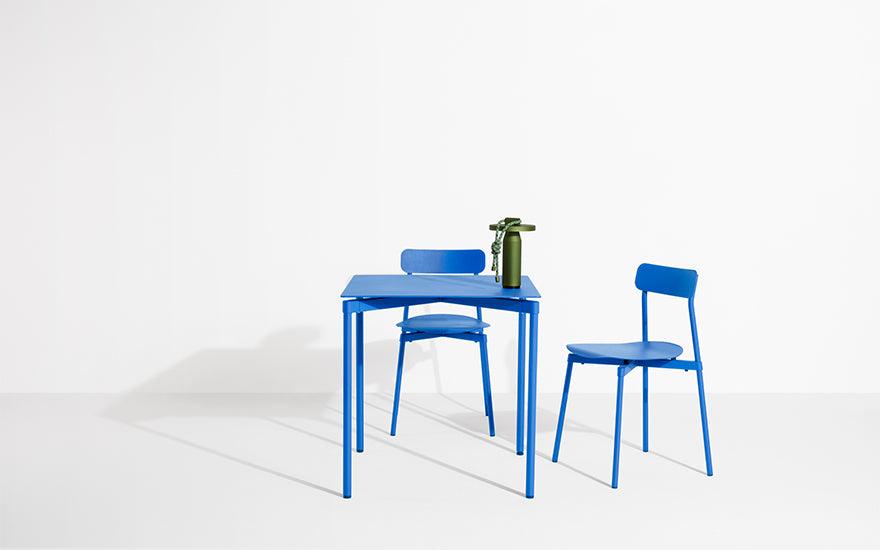 Quasar lamp by Samy Rio for Petite Friture in olive green finish with blue Fromme chair and table
