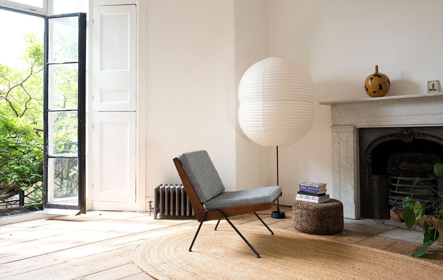 Chevron chair by Robin Day with Hotaru double bubble floor lamp from twentytwentyone