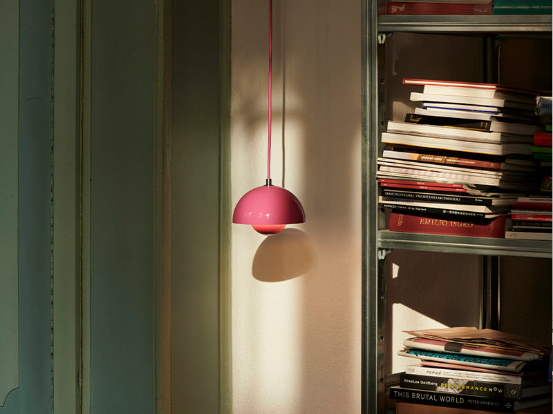  A single tangy pink VP10 Pendant. Designed by Verner Panton for &tradition.