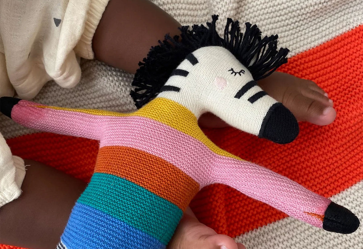 Knitted Zebra Rainbow Doll, Sophie home