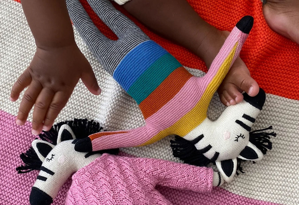 Knitted Zebra Rainbow Doll, Sophie home