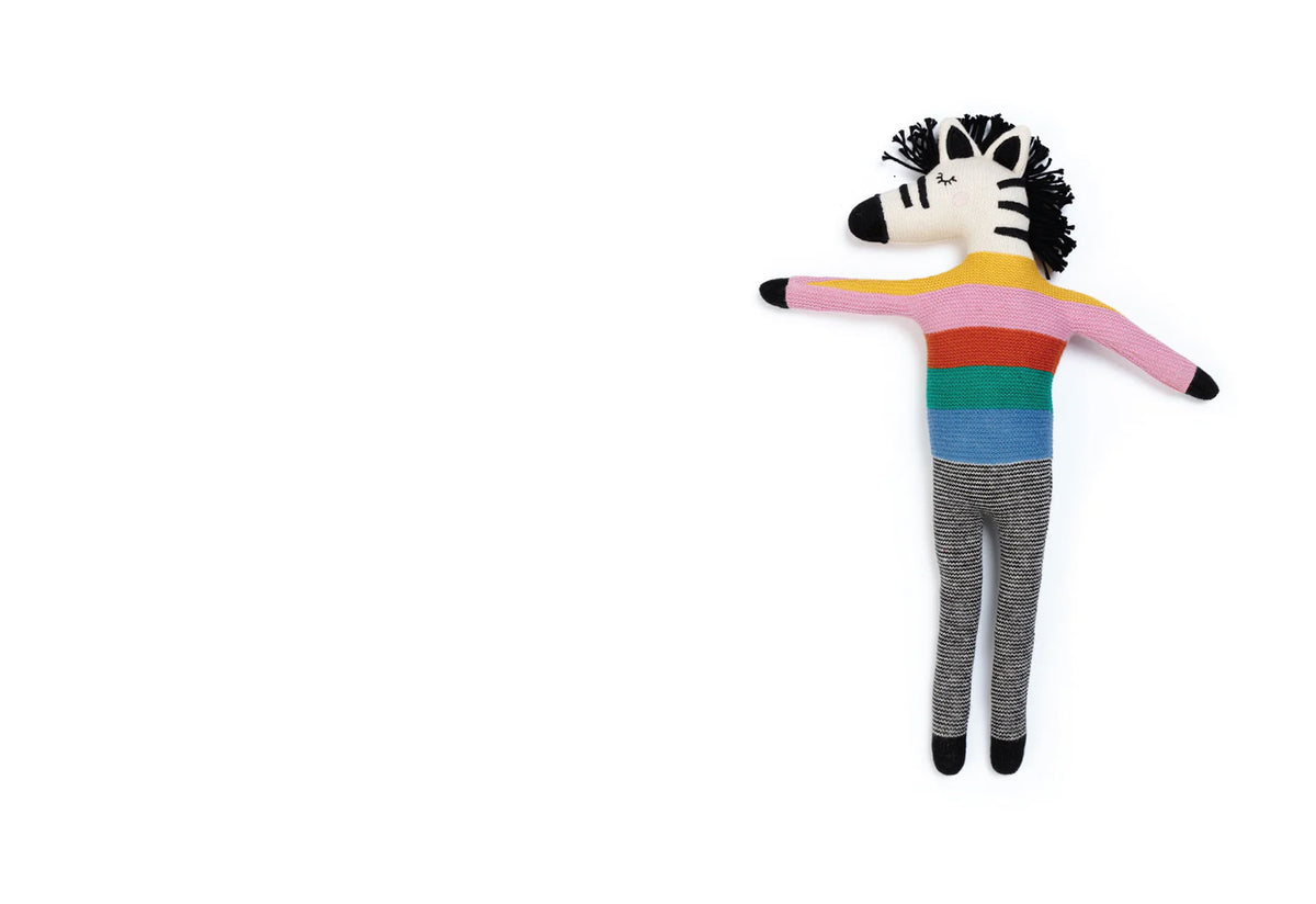 Knitted Zebra Rainbow Doll, Sophie home